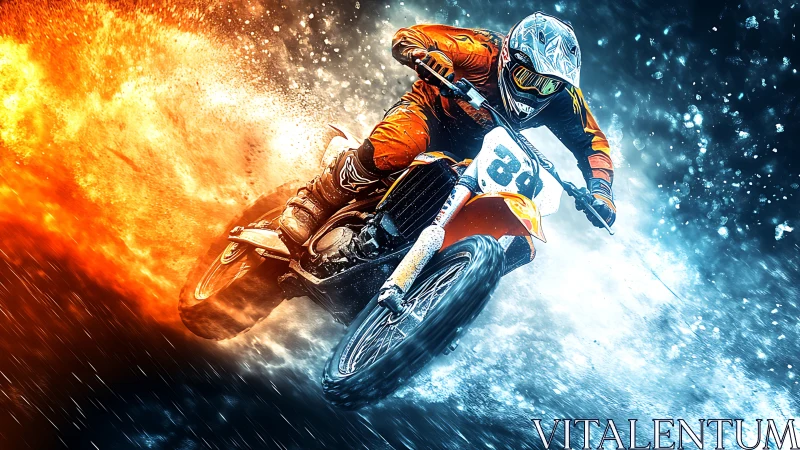 High-speed motocross rider cuts through stylized fire and ice field