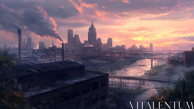 Industrial riverside cityscape is depicted at sunset