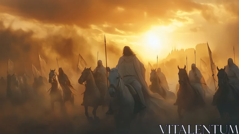 Sunfire riders surge toward the shrouded citadel skyline.