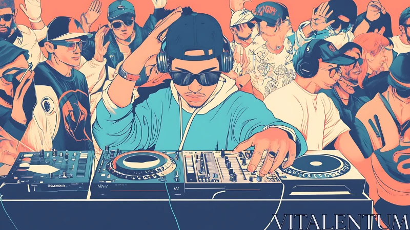 Digital illustration of DJ mixing console in crowded club scene