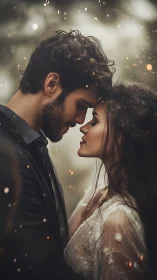 Intimate moment between two people in golden bokeh rain.