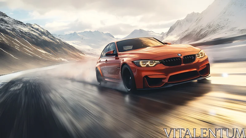 Orange sports sedan drifts across icy mountain highway.