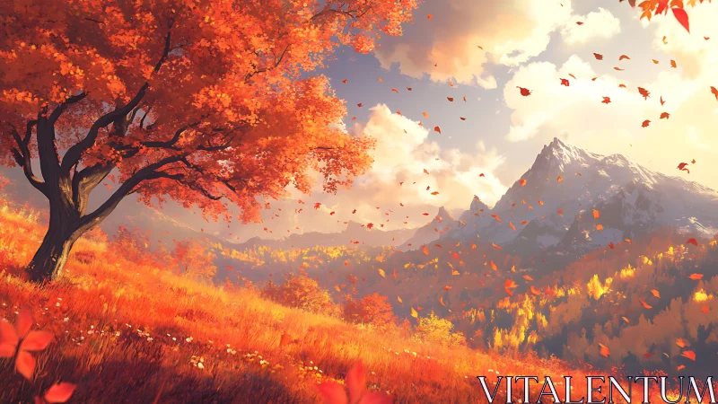 Golden autumn hillside and distant snowcapped mountain glow.