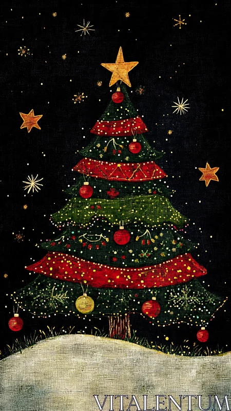 Starlit Christmas tree glows over snowy midnight meadow.