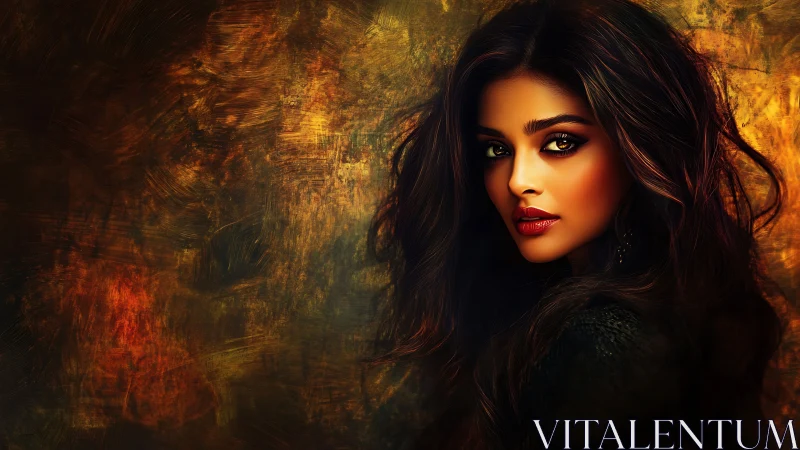 Striking digital portrait of woman against fiery textured backdrop.