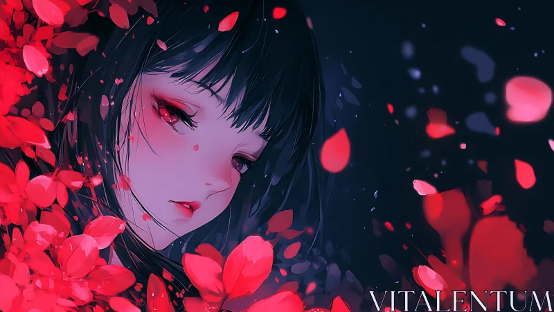 Melancholic anime girl amid glowing red petals at night.