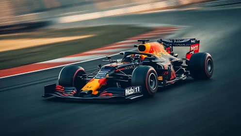 Formula 1 race car slices apex under warm track light.