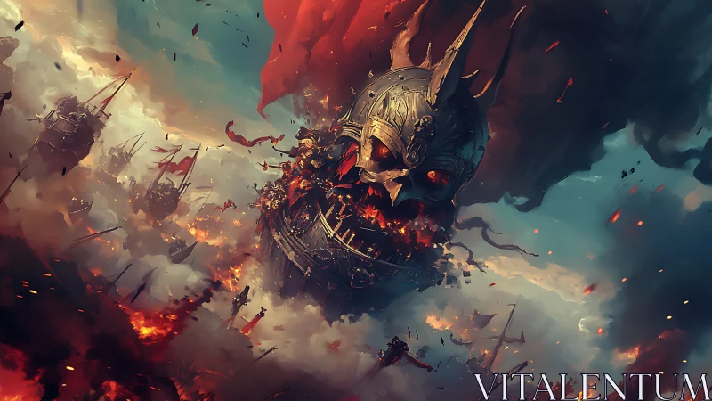 Colossal flaming skull warship leads burning sky armada.