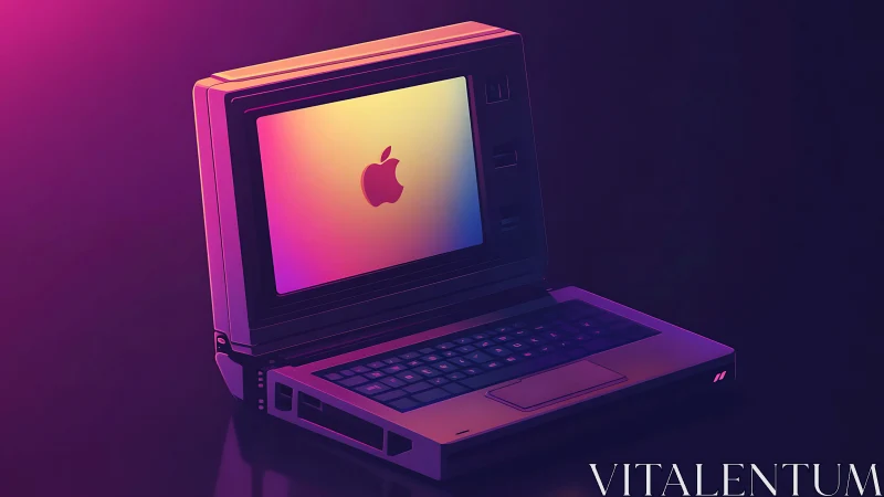 Retro laptop with glowing Apple logo in neon lighting.