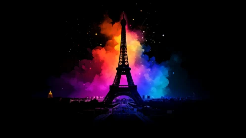 Eiffel Tower glows through neon spectrum over night Paris