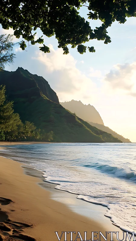 Tropical Coastline with Emerald Cliffs and Golden Sand Beach at Sunrise.