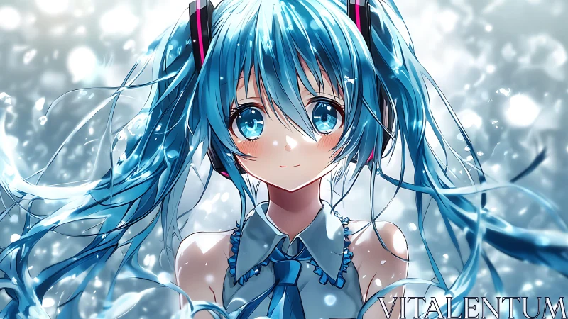 Blue haired anime girl with twin tails in soft light portrait.