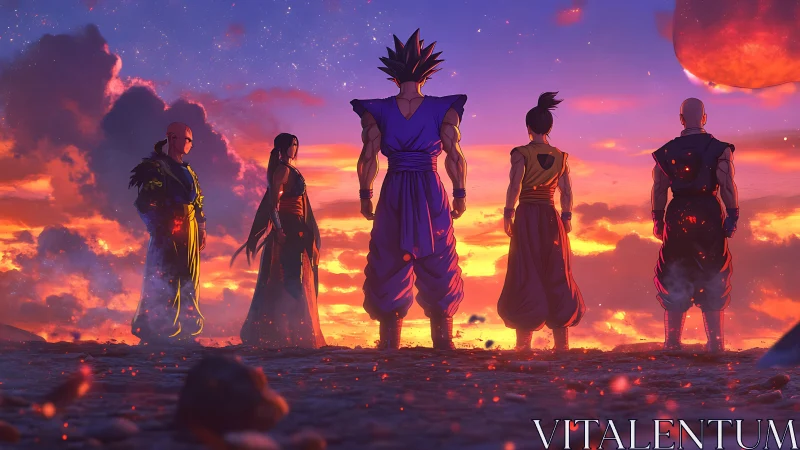 Warriors stand united before a blazing apocalyptic sunset.