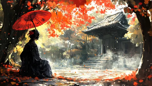 Solitary kimono figure beneath crimson autumn canopy.