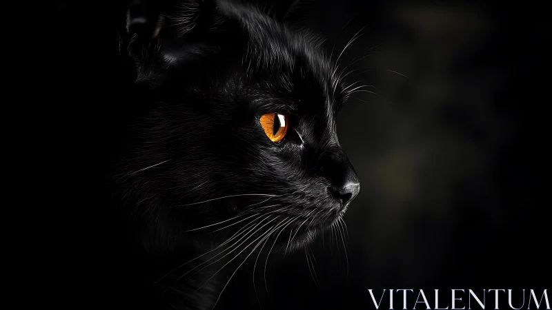 Black cat with golden eyes against dark background.