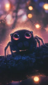 Cute fuzzy spider gazes at glowing forest lights at dusk.