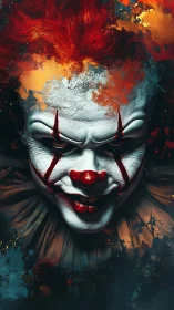Digital rendering shows sinister clown portrait with splatter effects