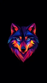 Geometric multicolor wolf head illustration on black background.