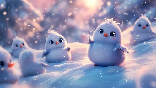 Fluffy baby birds play in glowing snowy winter landscape.