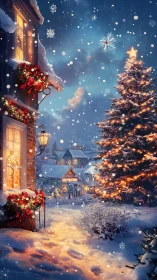 Snowlit village lane wrapped in cozy Christmas glow.