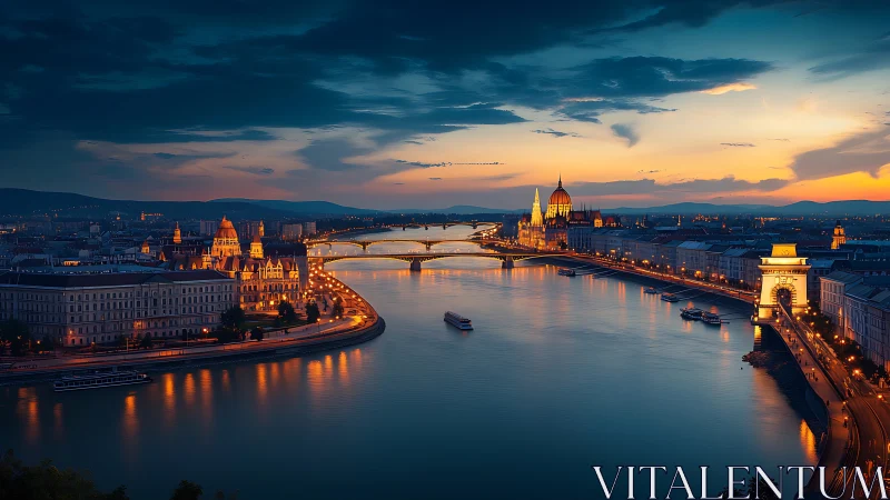 Budapest riverfront skyline glowing at blue hour dusk.