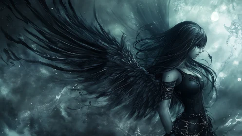 Dark winged warrior stands in stormlit ethereal void