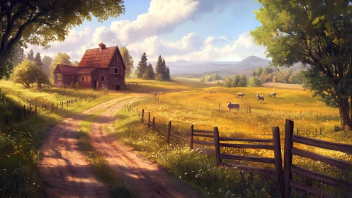 Golden hour country farmstead rendered in digital realism