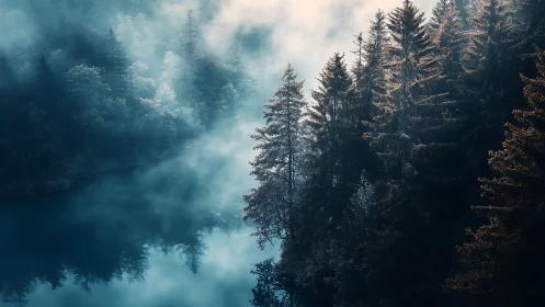 Misty Forest Magic: Where Ancient Trees Meet Morning Light.