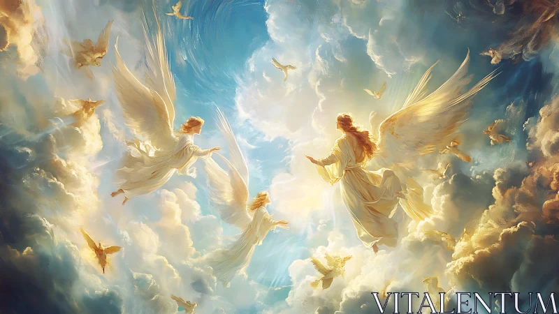 Radiant angels ascend through luminous clouds toward heaven.