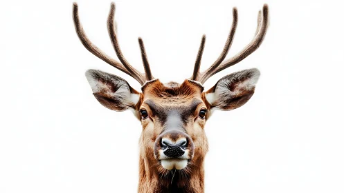 Stag portrait isolated on white with detailed symmetrical antlers.