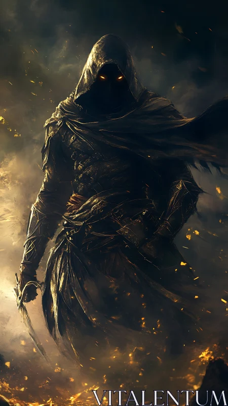 Hooded wraith warrior emerging through burning embers.