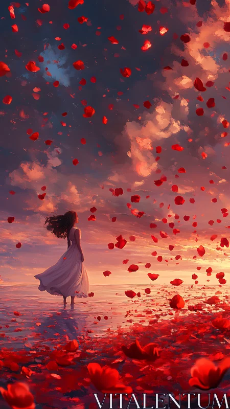 Woman in white dress under red petals at vivid sunset.