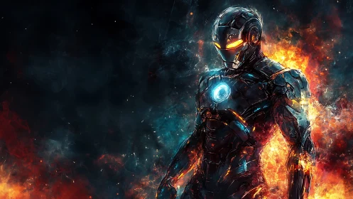 Armored sci fi hero strides forward through swirling fire