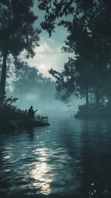 Soft dawn mist wraps a quiet river and lone fisherman
