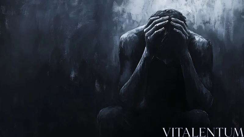 Monochrome figure in crisis under desaturated atmospheric field.