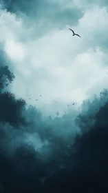 Birds cross bright cloud opening between dark forest edges