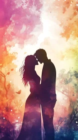 Two silhouettes sharing a tender kiss beneath vibrant watercolor skies