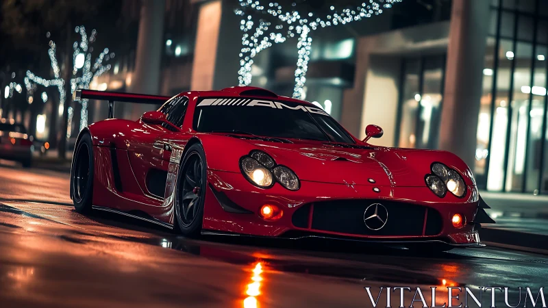 Midnight red Mercedes race car glows under city lights