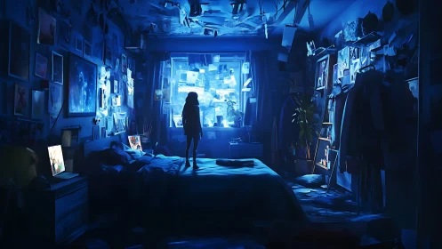 Silhouetted child stands on bed in blue lit cluttered room