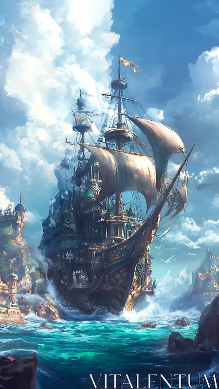 Storm-kissed fantasy galleon glides toward a sunlit harbor