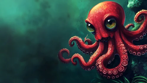 Vibrant cartoon octopus with oversized eyes in teal depths.