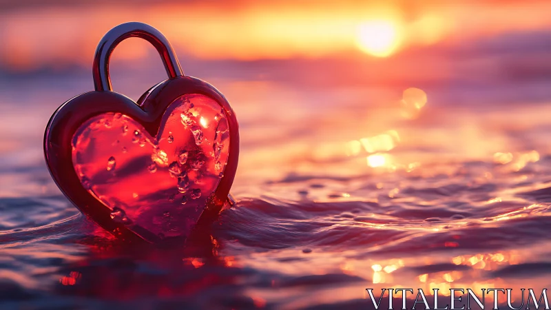 Red Heart Locket in Ocean at Sunset