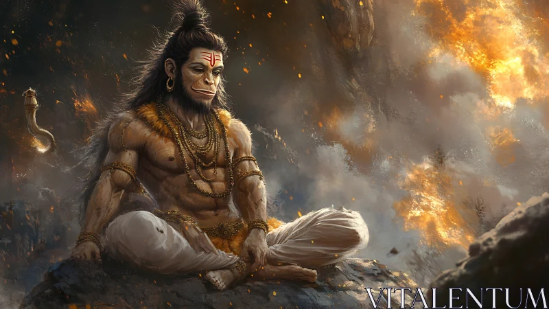 Serene monkey warrior meditates amid cascading firestorms