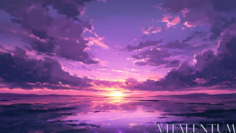 Violet sunset sky over calm reflective ocean horizon.