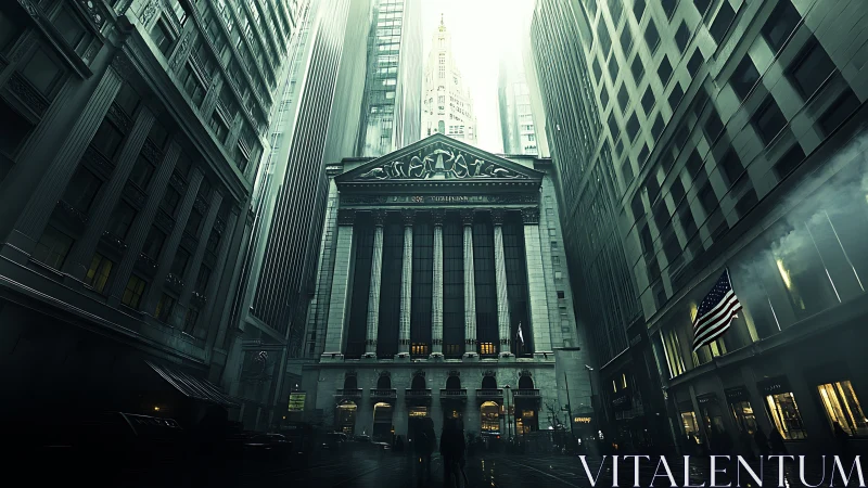 Monumental neoclassical exchange framed by towering glass facades