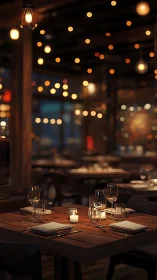 Candlelit bistro table glows beneath drifting string lights.
