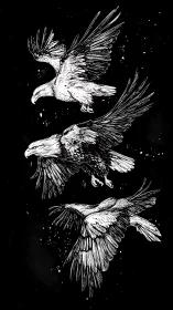 Three detailed ink eagles drawn in sequential flight poses