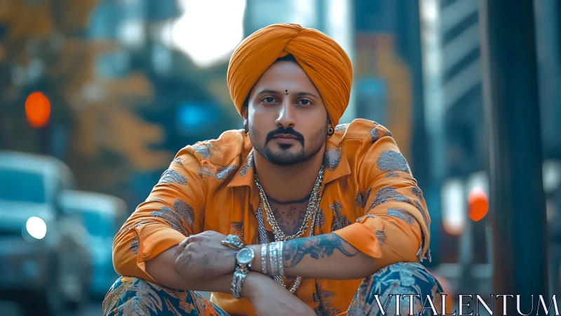 Urban portrait of turbaned man in orange attire, shallow depth