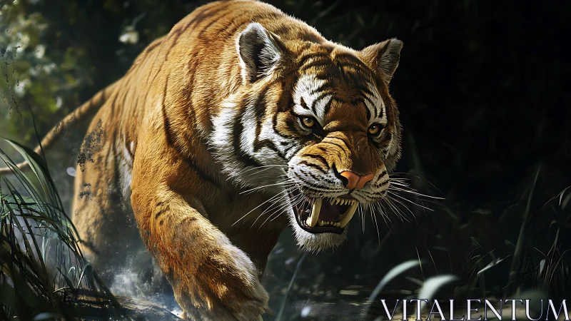 Snarling tiger advances through shadowed jungle undergrowth.