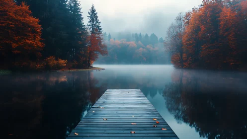 Misty autumn lake with wooden pier and fiery forest reflections.